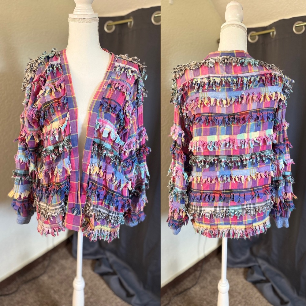 Vintage Paula Sweet Artisan Plaid Fringe Jacket Pink Purple Cotton Size 10